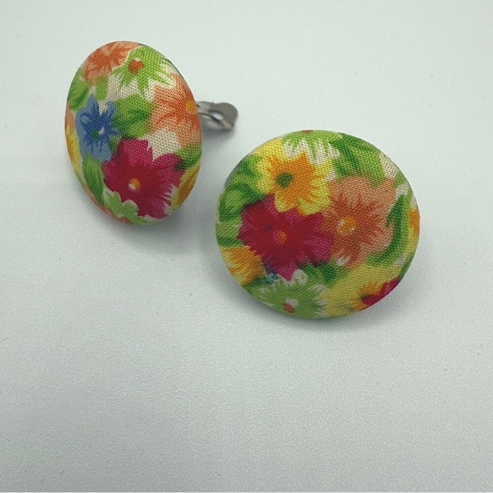 Floral Button Earrings - Clip On